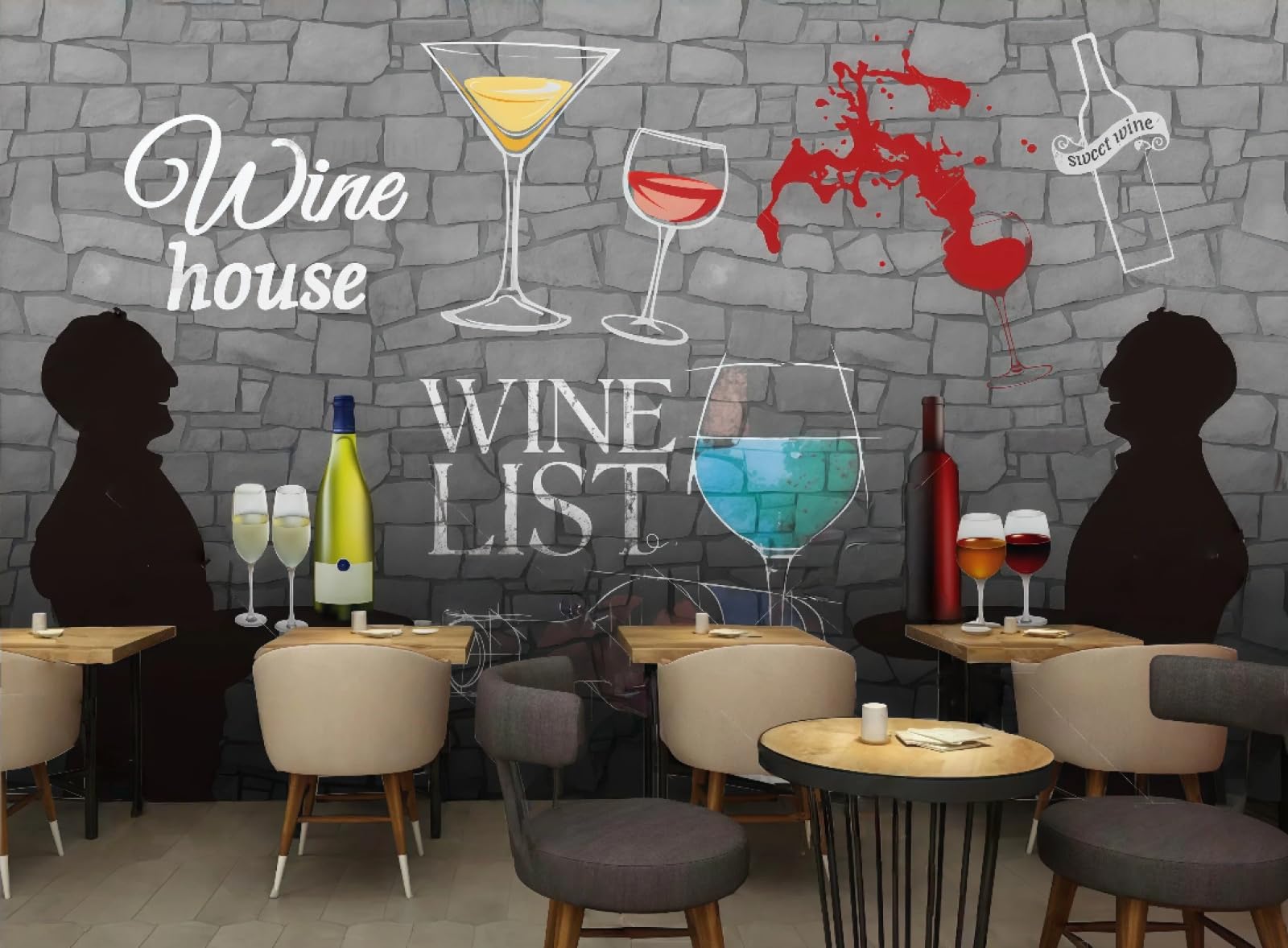 rskjdghshd Wallpaper Brick Wall Hand-Painted Wine Coffee Dessert House Afternoon Tea Burger Shop Bar Background Wall Western Restaurant Wallpaper Cafe Mural,3D,250x175cm