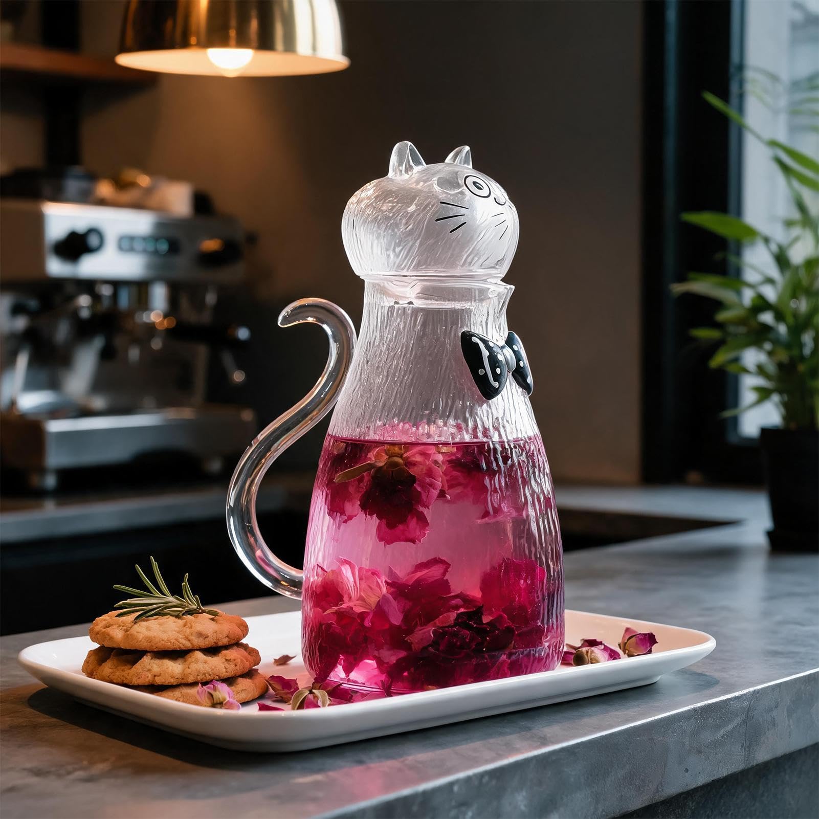Szklany dzbanek do herbaty – naczynie dekoracyjne, 1 sztuka przezroczystego pojemnika o dużej pojemności 1800 ml, motyw uroczego kota z odpornością na ciepło, akcesorium do jadalni, solidna karafka na