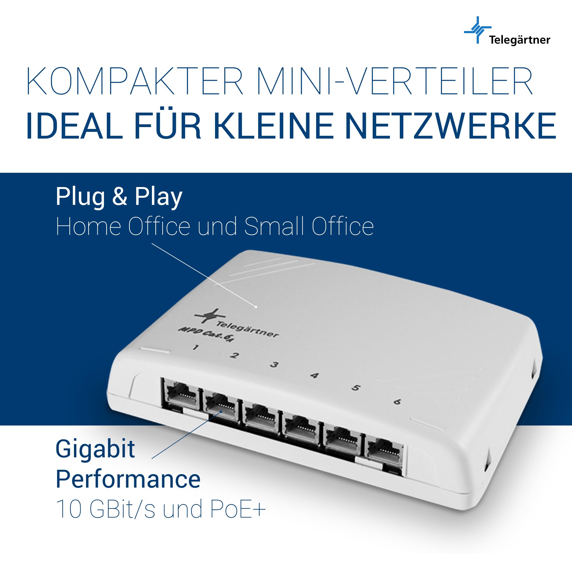 TELEGÄRTNER J02021A0051 Modular Patch Verteiler Kat.6A (tief), 6X RJ45 | 6-fach RJ45 Patchpanel, 360° Schirmung, LSA-Anschluss T568A/B, werkzeugfreie Montage, bis 10 Gbit/s & PoE+ geeignet