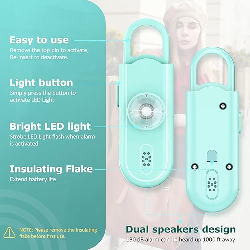 Miniatura 4 de Alarma de seguridad personal para mujeres y niñas, sirena fuerte de 130 dB con llavero, luz estroboscópica SOS, linterna, altavoces dobles que