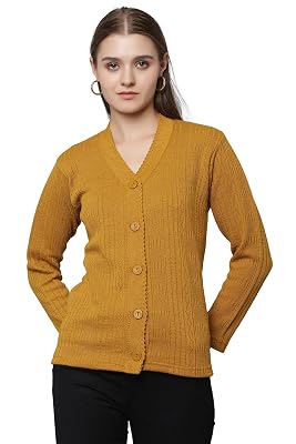 HIFZAA Wool V-Neck Sweater Cardigan for Women Winter Sweaters for Ladies Plus Size Gold California- Medium