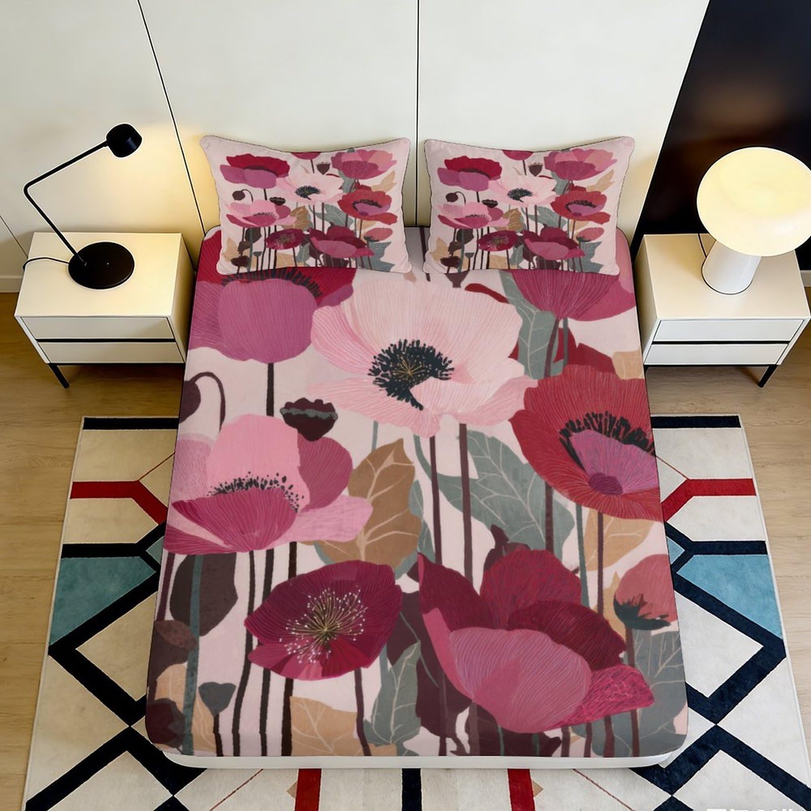 Jqzkxnhpbr Style-7 3D Printed Red Poppy Floral Fitted Sheet Microfiber Pink Botanical Bed Cover Non-Slip Protector For Bedroom Guestroom 90X200x25cm