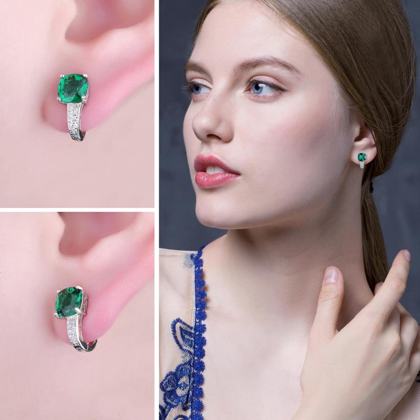 SALAN Pendientes De Clip De Plata De Ley 925 con Esmeralda Verde Simulada De Corte Cojín para Mujer Pendientes Huggie De Piedras Preciosas De Moda