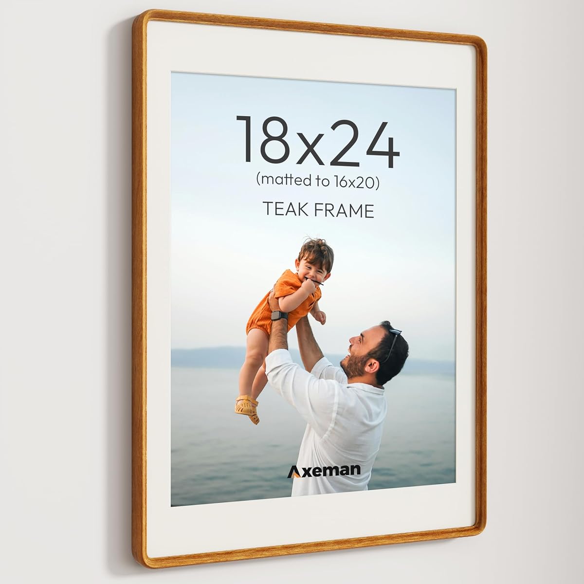 Axeman 18x24 Picture Frame Natural Teak Solid Wood Poster Frame from CA-USA with Tempered Glass, Handcrafted 18x24 Photo Frame Matted to 16x20 with Sharp Edges and Rounded Corners, Wall Mount Display