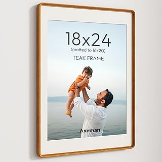 Axeman 18x24 Picture Frame Natural Teak Solid Wood Poster Frame from CA-USA with Tempered Glass, Handcrafted 18x24 Photo Frame Matted to 16x20 with Sharp Edges and Rounded Corners, Wall Mount Display