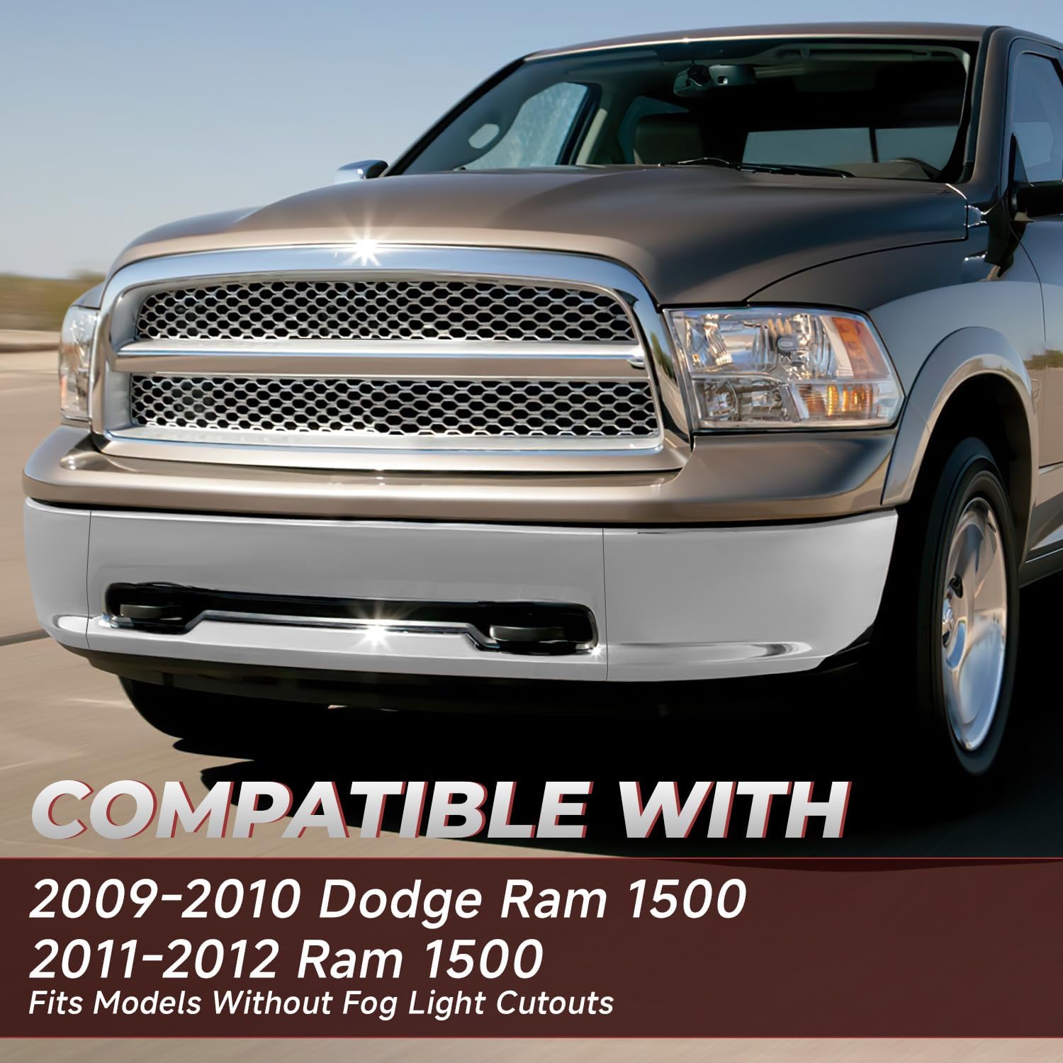 Steel Front Bumper Cover Face Bar Compatible with 2009-2010 Dodge Ram 1500 2011-2012 Ram 1500 Excludes Mega Cab 3-Piece Modular Design Without Fog Lights Cutouts Chrome 68206066AA CH1002385