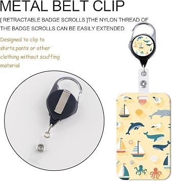 Ocean Theme Lanyards for ID Badges Set, Marine Animal Pattern ID Card Holder with Retractable Reel (Dolphin, Whale, Octopus), Cute Plastic Name Tag Protector for Kids, Girls, Teachers, Office