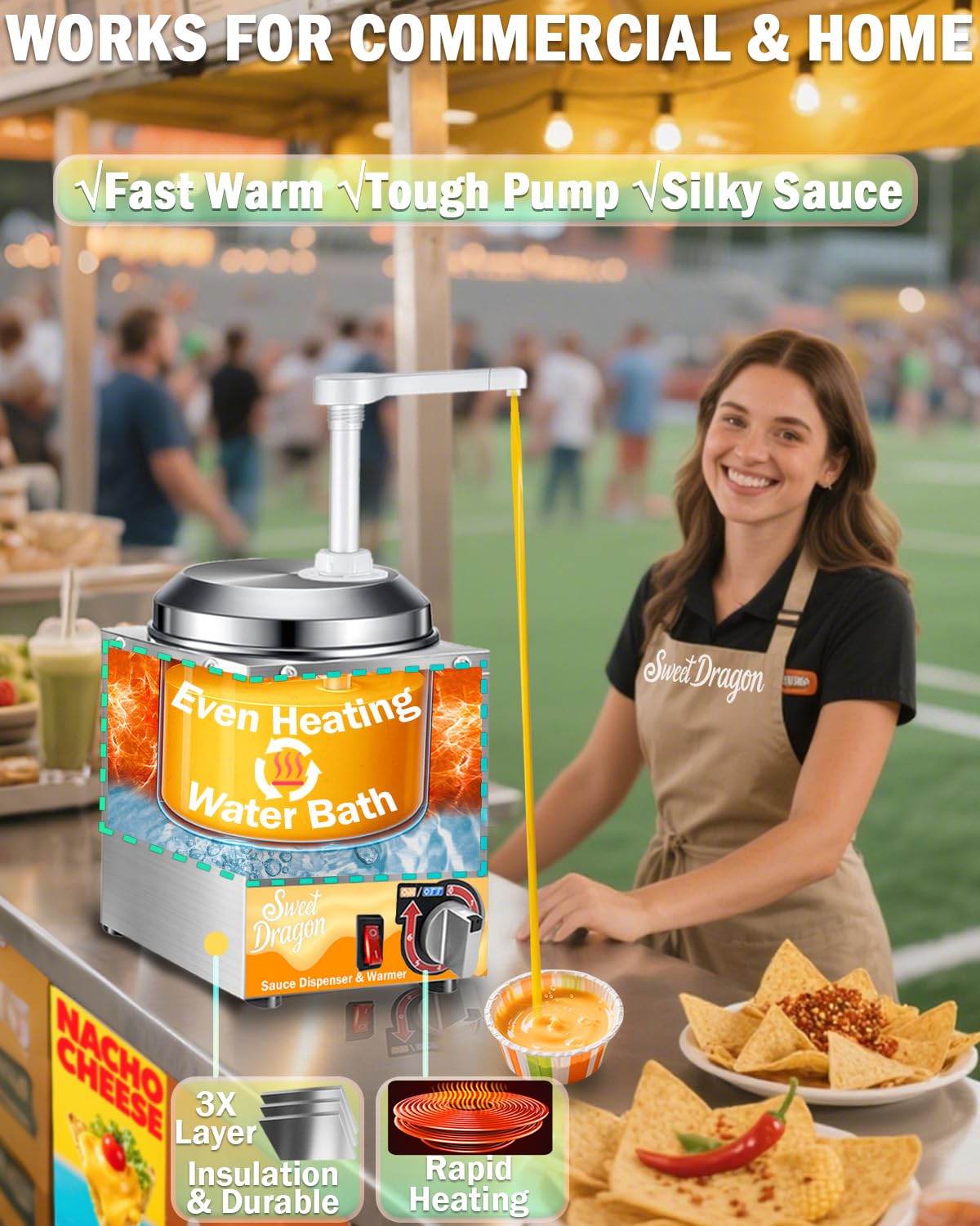 Dispensador de queso Nacho con bomba, calentador de queso nacho de 2.8 cuartos de galón, calentador de queso caliente de acero inoxidable con ajuste de temperatura de 6 niveles, dispensador de salsa