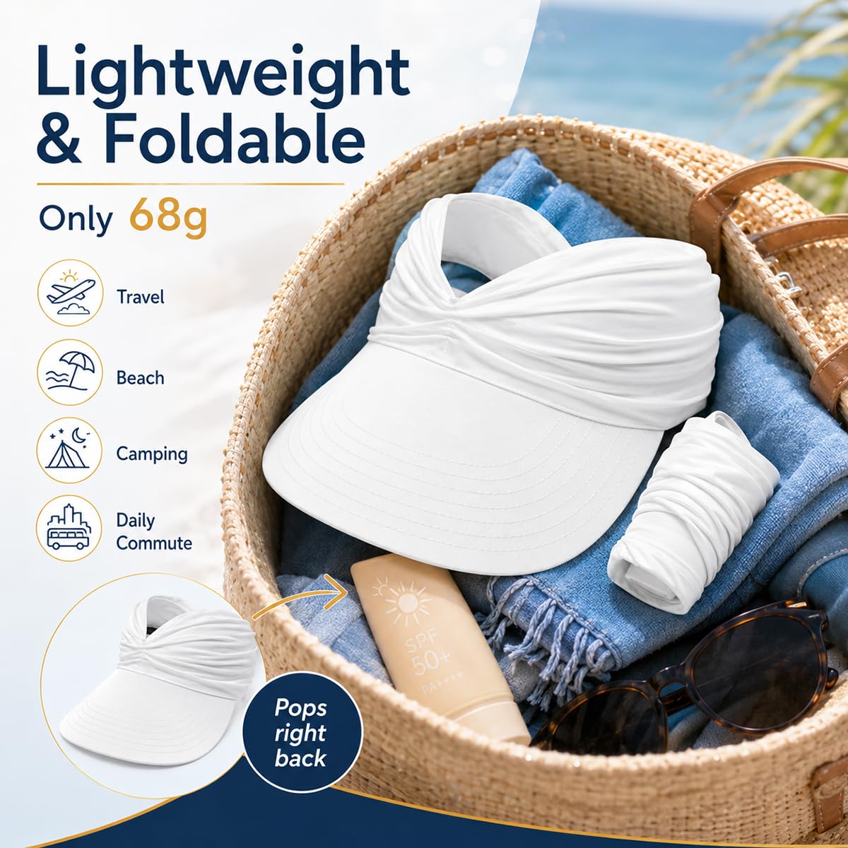 Women's UPF 50+ UV Protection Sun Visor Hat – Wide Brim Lightweight Foldable Ponytail cap for Summer Outdoor Walking Golf