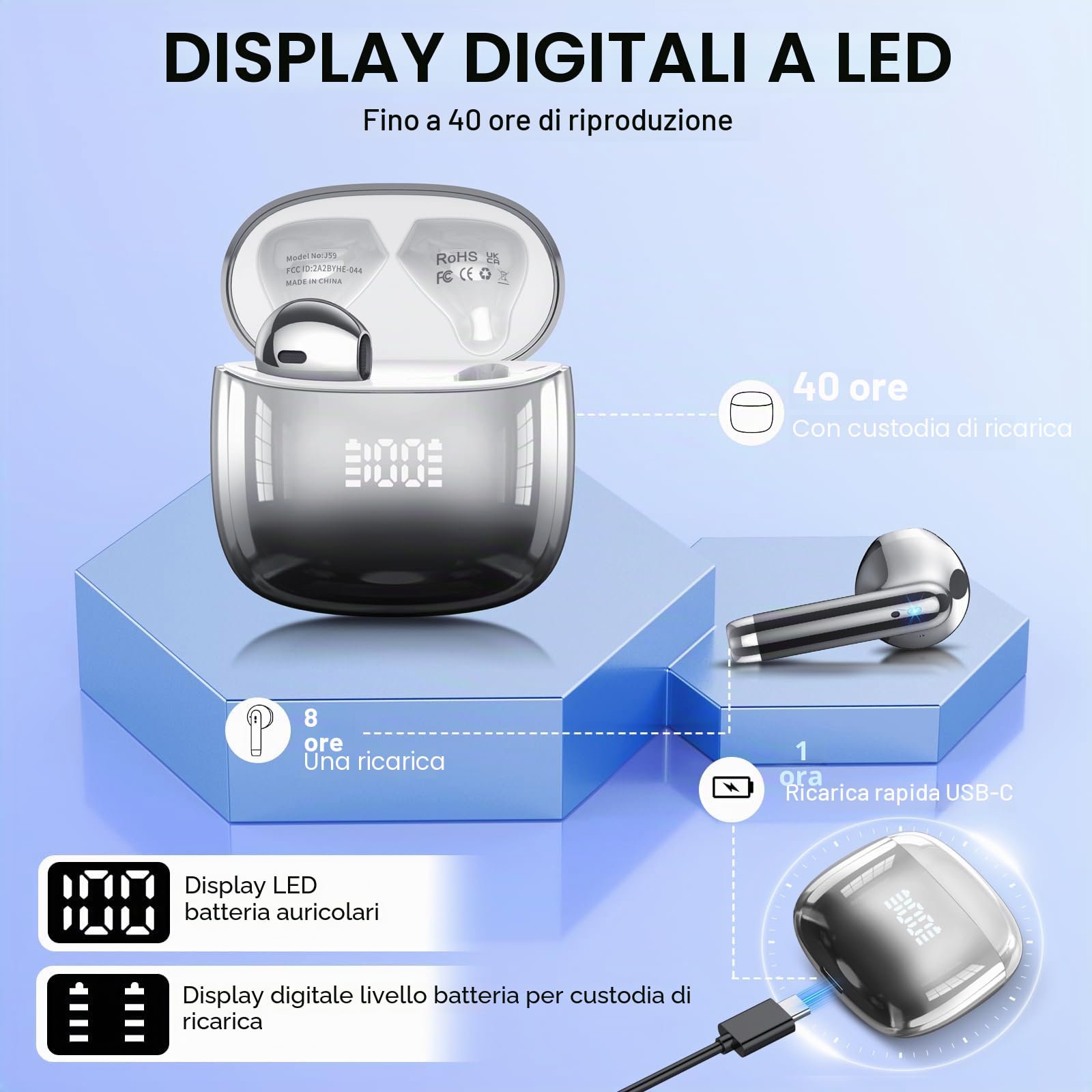 Cuffie Bluetooth 5.4 con Driver 14.2mm, IP7 Impermeabili, 40H Display LED, Nero