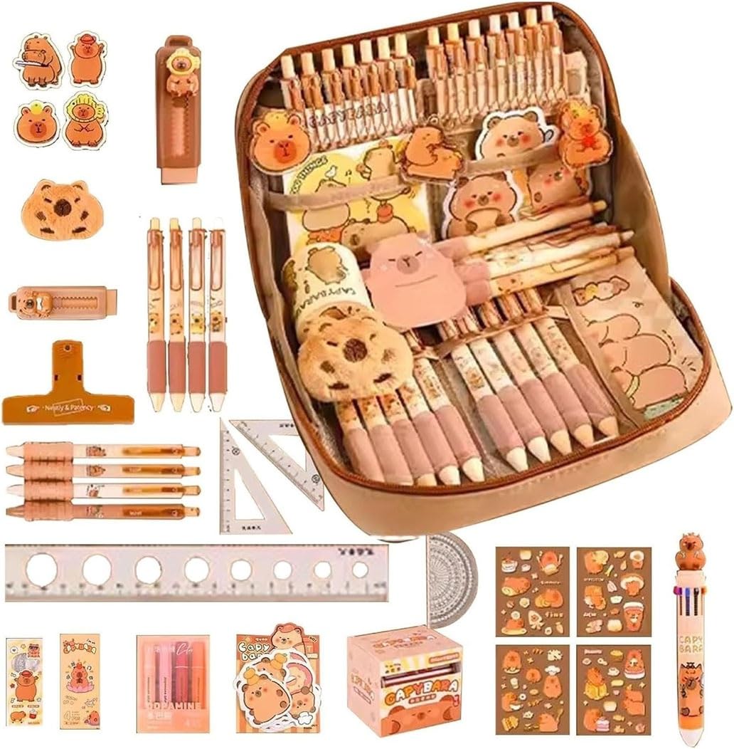 SONGDIQI Capybara Stationery Set, with Eraser, Ballpoint Pens, Sticker, Capybara Stationery Set, Large Capacity Pencil Case, Cute Pencil Case