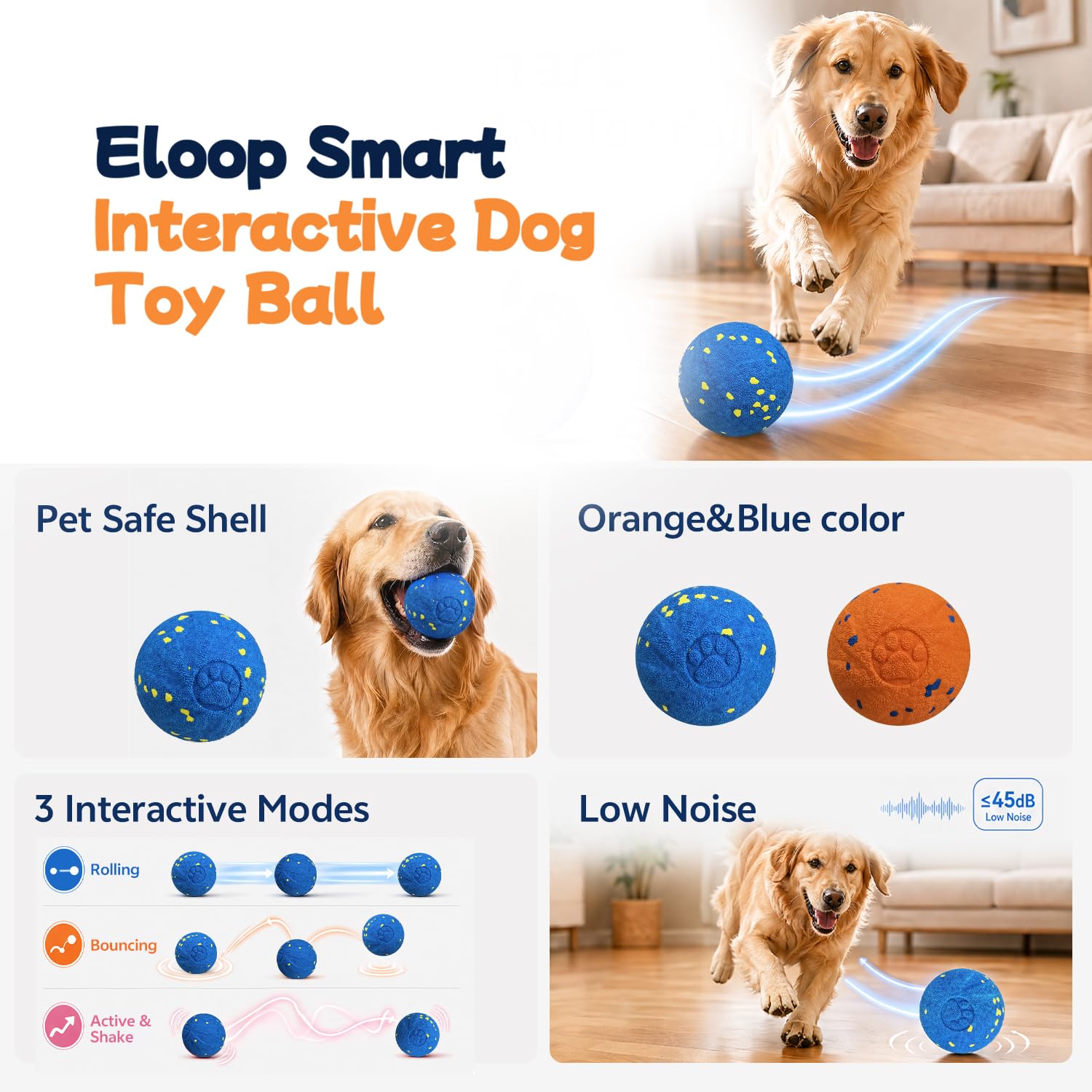 Pelota de juguete interactiva inteligente para perros, 3 modos de rebote automáticos, material duradero de E-TPU para masticar, recargable e impermeable IPX7, juguete de enriquecimiento para