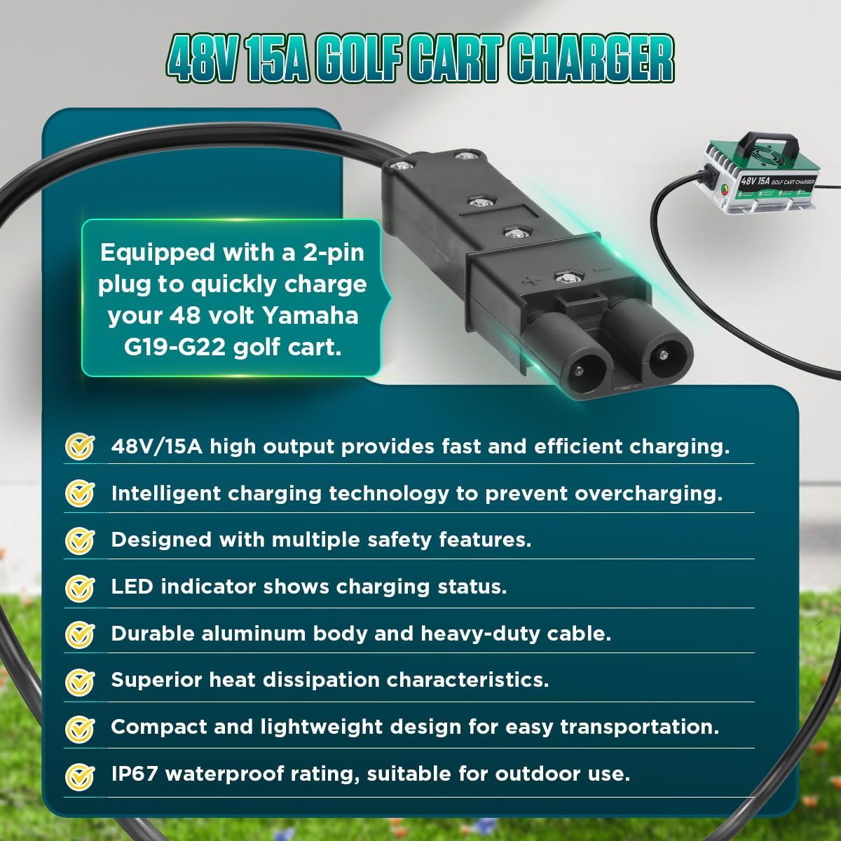 48 Volt Golf Cart Battery Charger for Yamaha G19-22 Models, 15AMP Yamaha 48v Charger IP67 Waterproof Fully Automatic Smart Trickle Charging with 16Ft Cable,for Lead-Acid Batteries