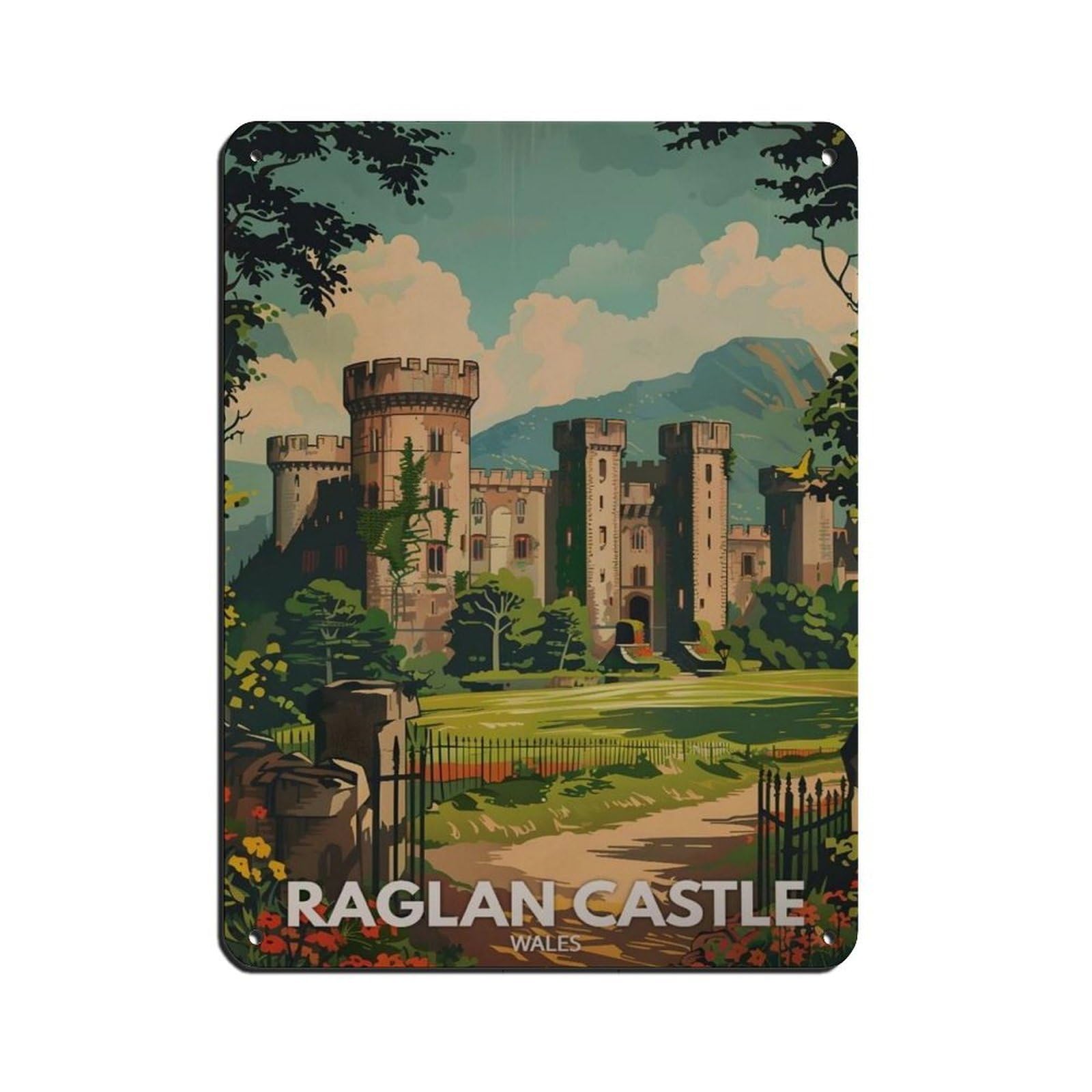 Lxwnze 30L X 40W Cm Raglan Castle Poster, Wales Castle Travel Tin Sign Vintage Metal Pub Club Cafe Bar Home Wall Art Decoration Poster Retro 12X16inch(30X40cm)
