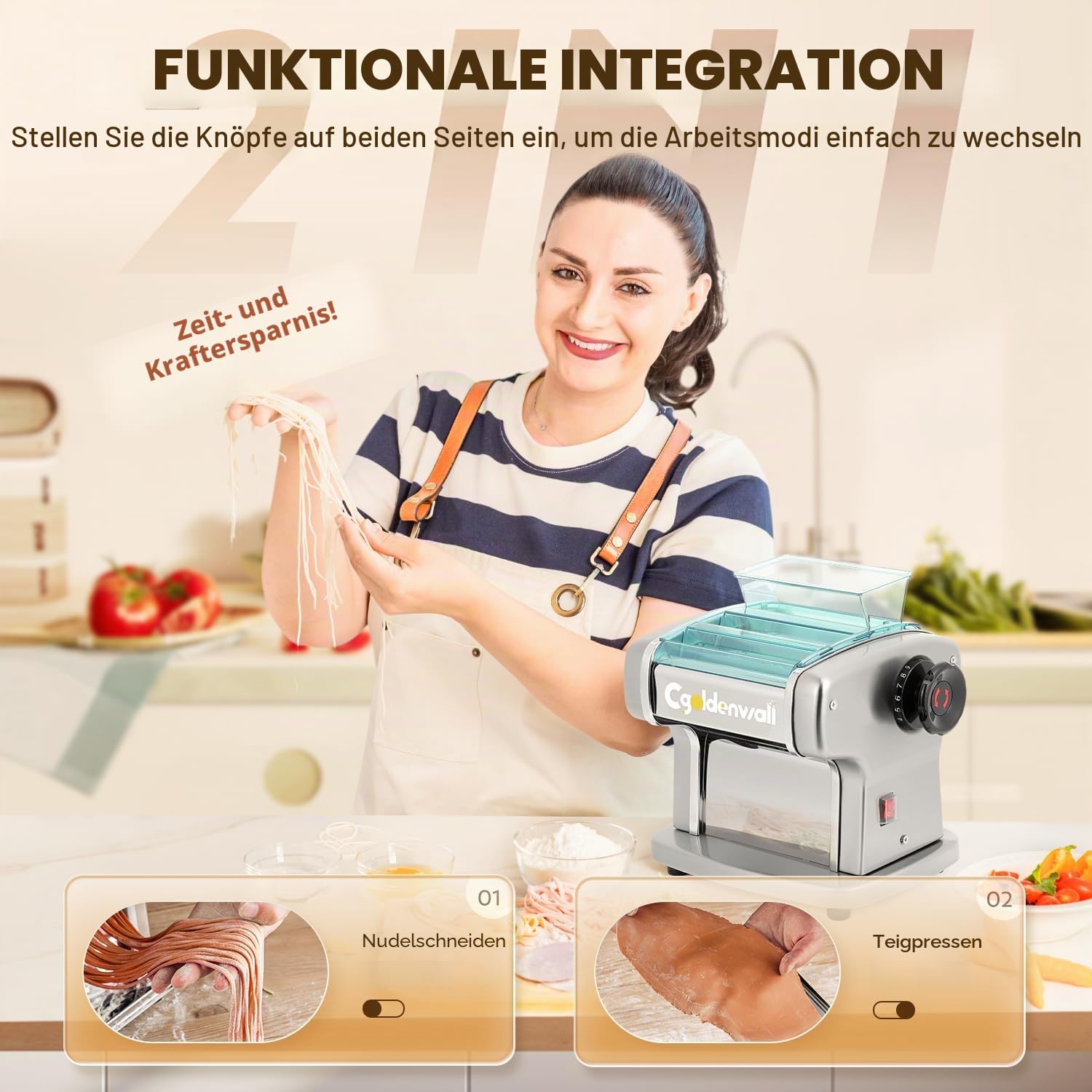 CGOLDENWALL Elektrische Nudelmaschine 135W Edelstahl Pasta Maker 2 Klingen 9 Einstellbare Stärken 0,5-5 mm