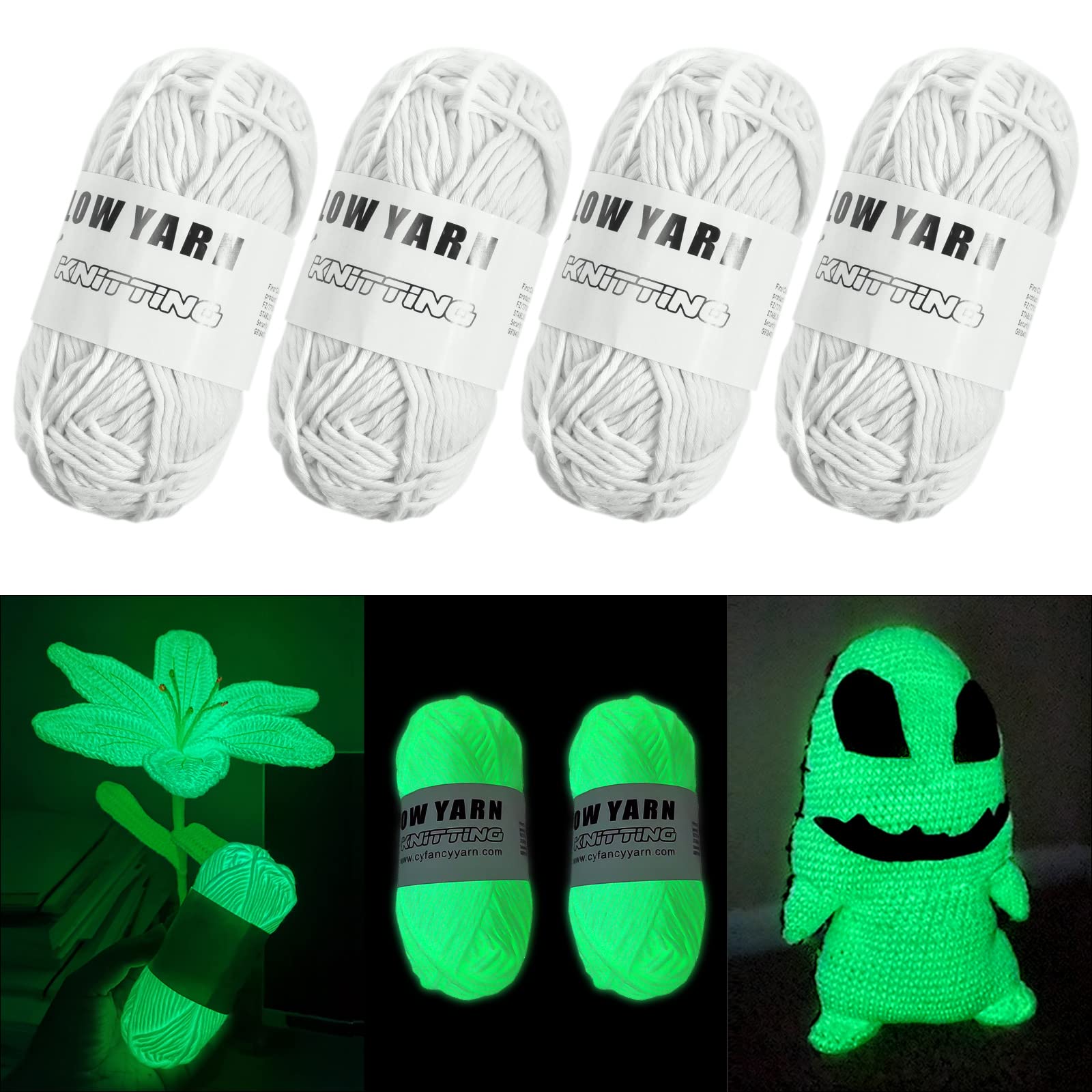 AUAUY Luminous Yarn, 4 PCS Polyester Yarn Glow in The Dark for Crocheting, 50 Yards Knitting Yarn DIY Handcraft Yards for Arts, Carpet Sweater Hat Scarf Gloves, Crafts & Sewing Beginners(White)