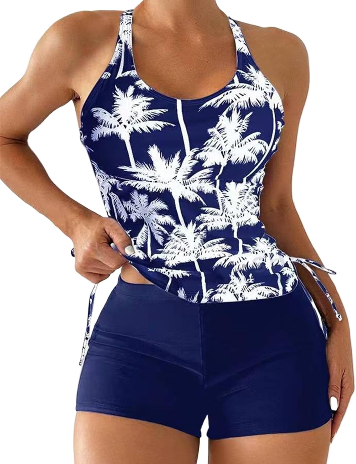 Women's Tropical Palm Tree Print Tankini Set, Racerback Top with Side Drawstring and Swim Shorts, Green PQ5606