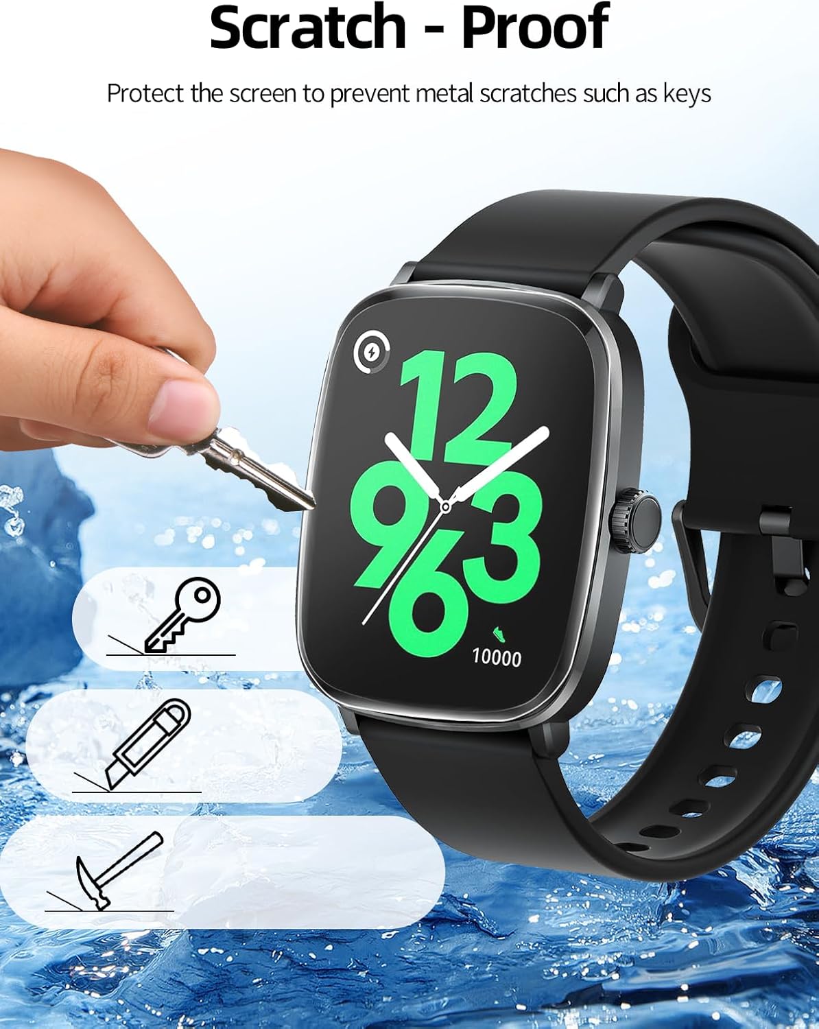A hand holding a key near a smartwatch screen, illustrating the scratch-proof feature.