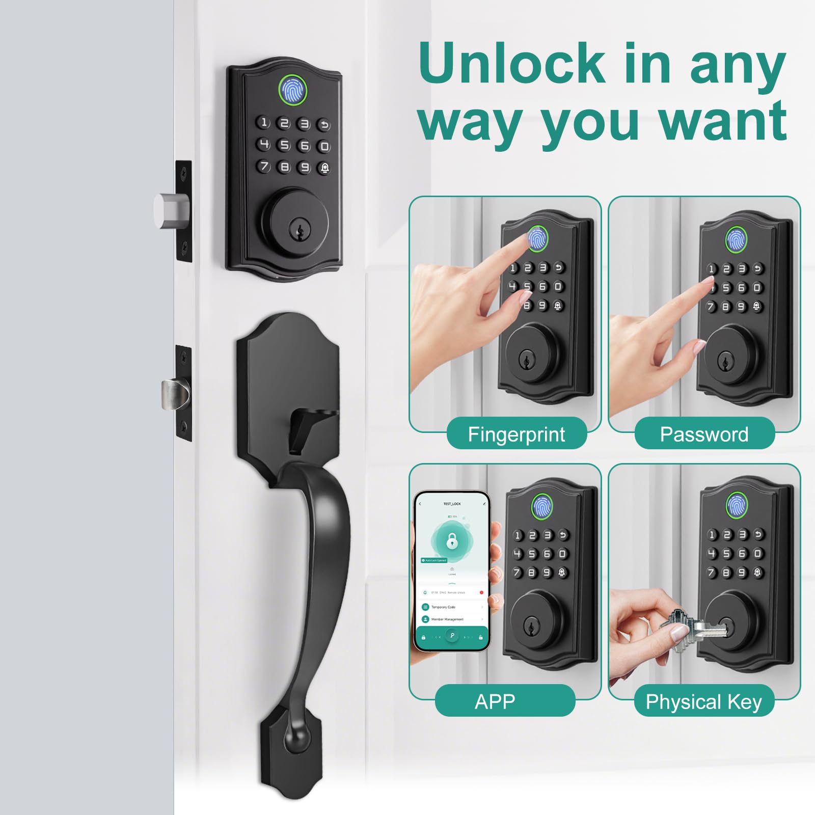 Cerradura inteligente para puerta, cerrojo de entrada sin llave con asa, huella dactilar/aplicación/código/desbloqueo de llave, teclado antimiradas, bloqueo automático, fácil de instalar