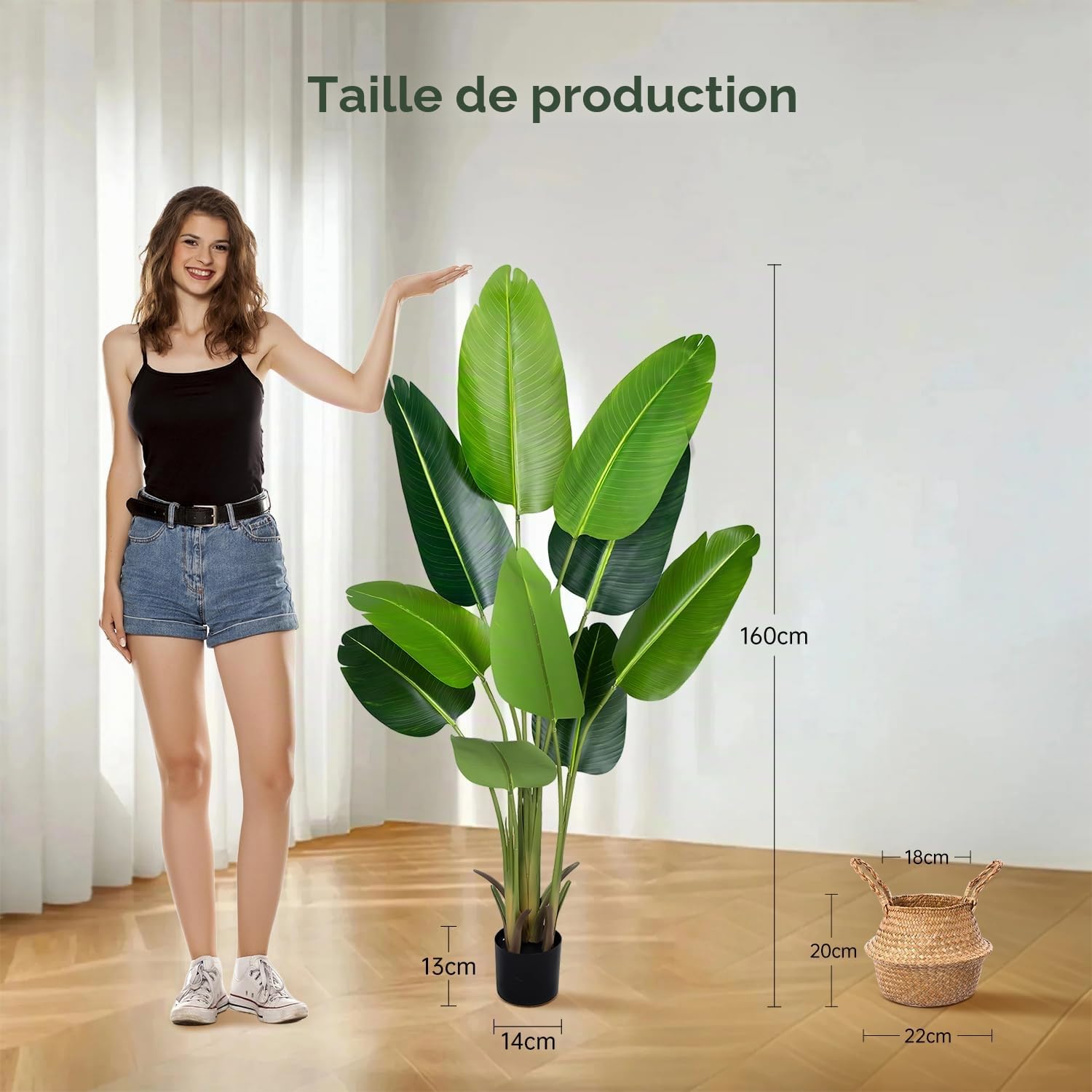 Plante Artificiel Oiseau de Paradis 160 cm, Palmier Tropical Artificiel avec 10 Feuilles, Plantes Artificielles en Pot pour Décoration Intérieur Extérieur, Salon, Bureau, Jardin, Cadeau