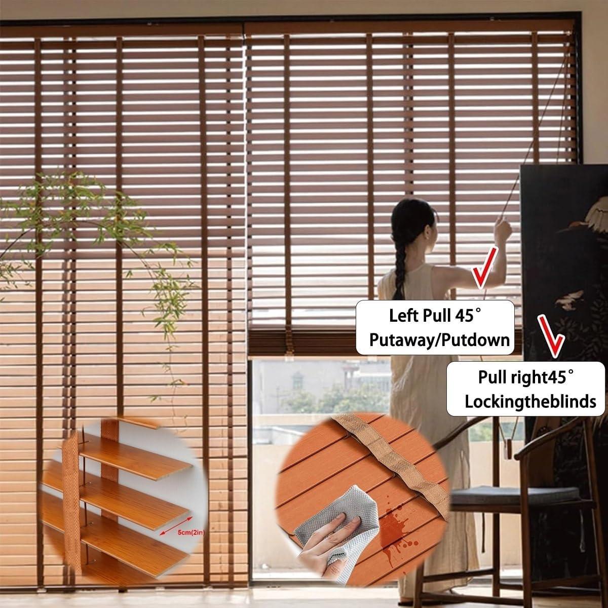 2" Slats Cordless Wood Blinds for Indoor Windows, Custom Size Wide 28" 32" 36" 42" Horizontal Wood Windows Blinds, Blackout Insulation Venetian Shades(Light Brown)