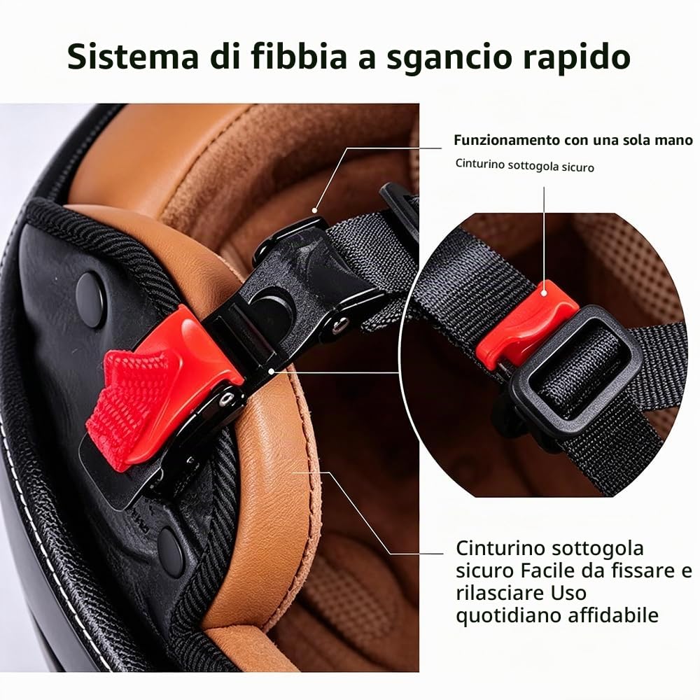 Casco Jet Classic Vintage in Pelle Con Visiera, ECE 22.06 Omologato, Per Donna Uomo Scooter Chop Ciclomotore Retrò Pilota di Moto a Mezza Calotta (57-62cm)