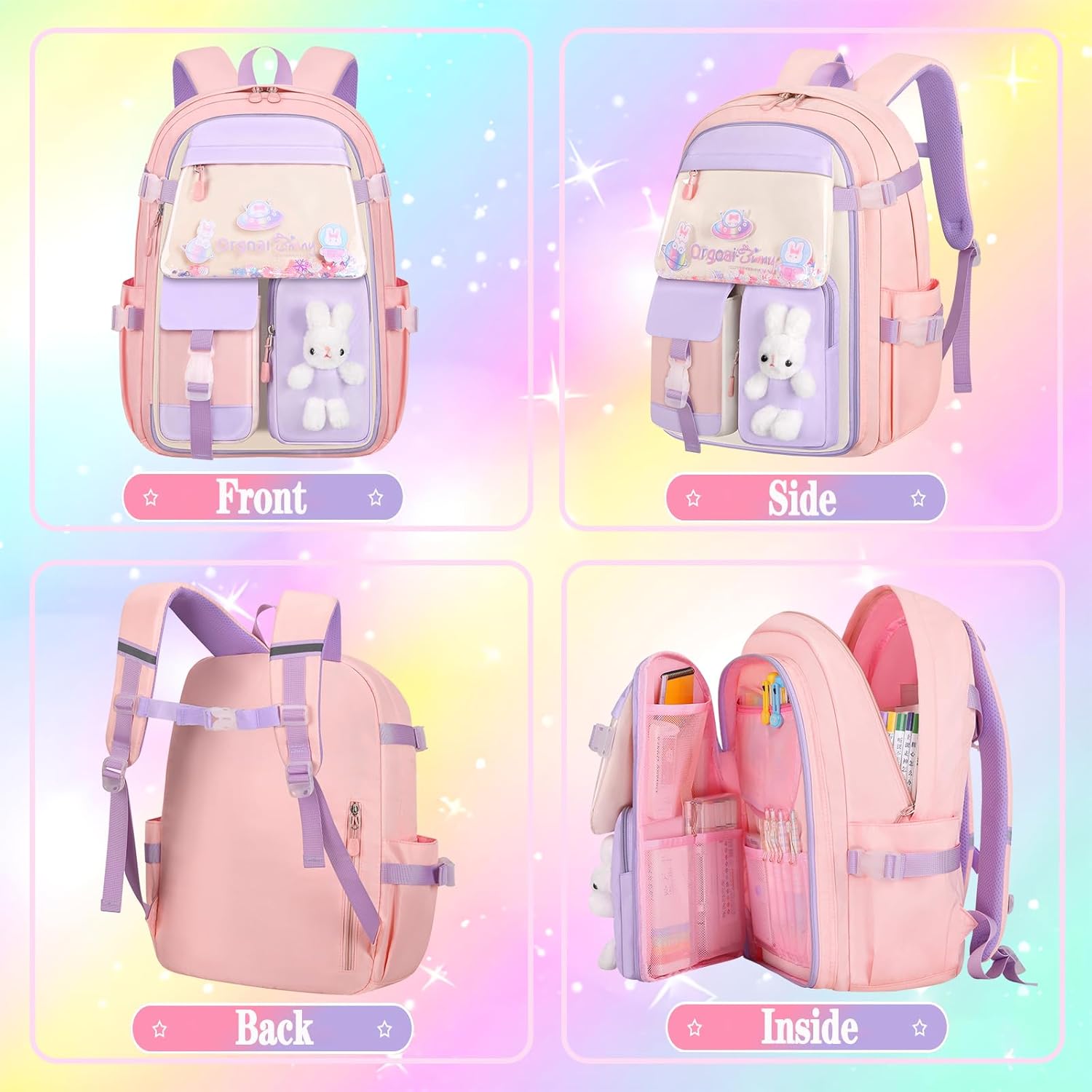 3pcs Girls Backpack With Lunch Box & Pencil Case,Cute Rabbit Kids School Backpack Set For Kindergarten & Elementary School (Style A Pink-16.5in) - Image 6