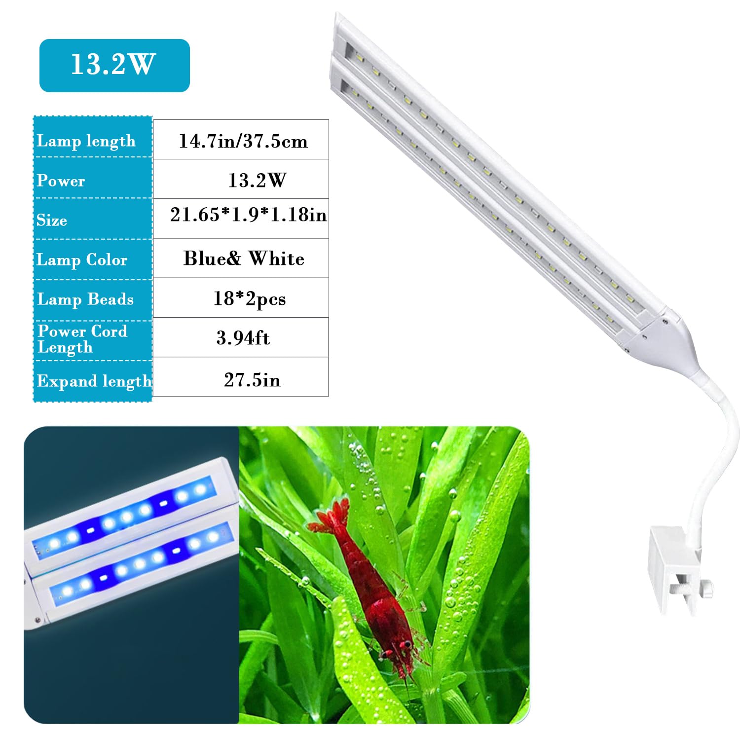 Luz LED para acuario con clip de espectro completo para peceras, luz para plantas, 360°, ajustable, 2 barras de luz, superbrillante, 13,2 W, adecuada para peceras de 20 a 75 galones