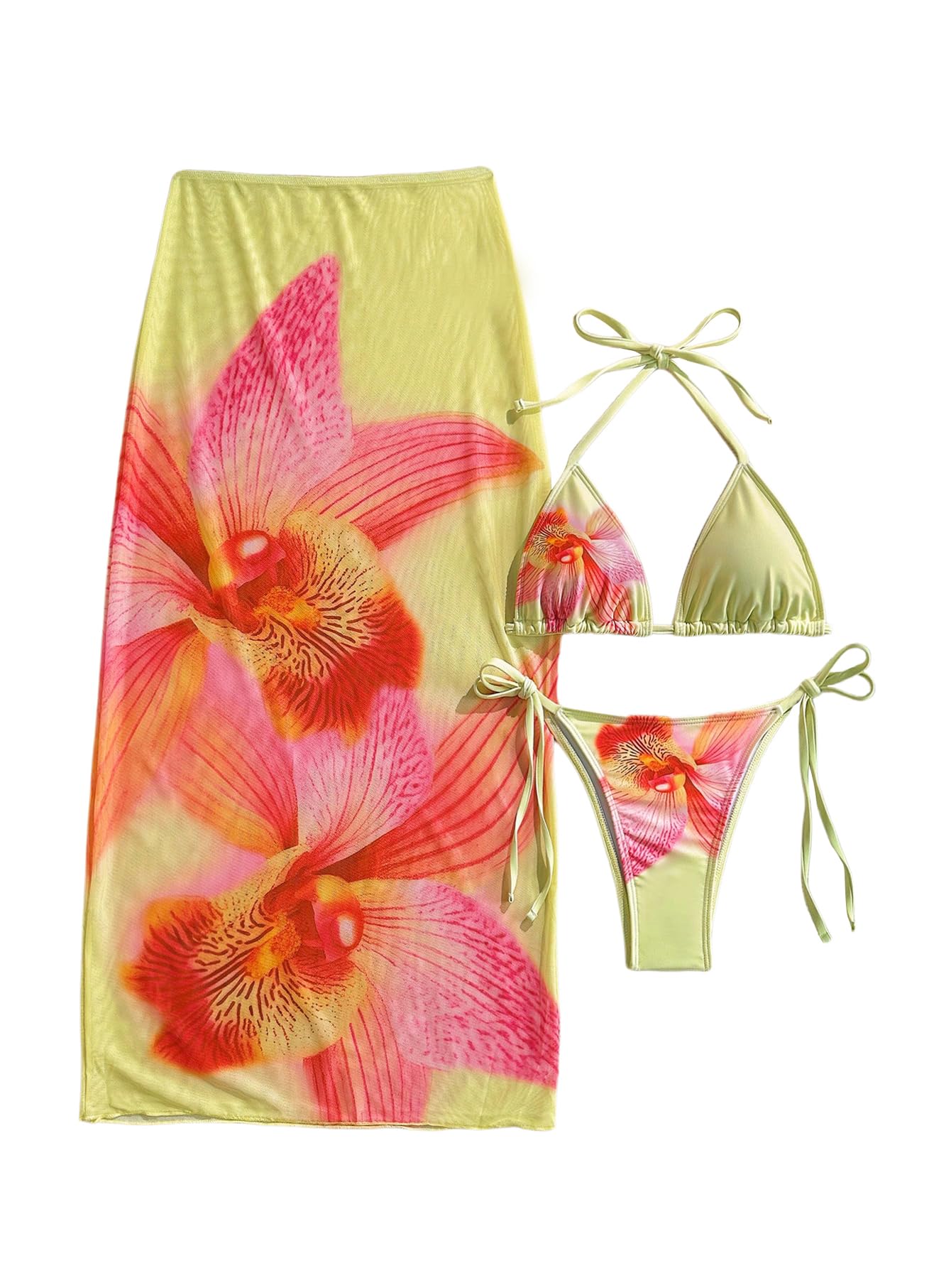 Damski 3-częściowy zestaw bikini kwiatowy trójkąt wiązany na szyi strój kąpielowy ze spódnicą okrycie wielokolorowy mały