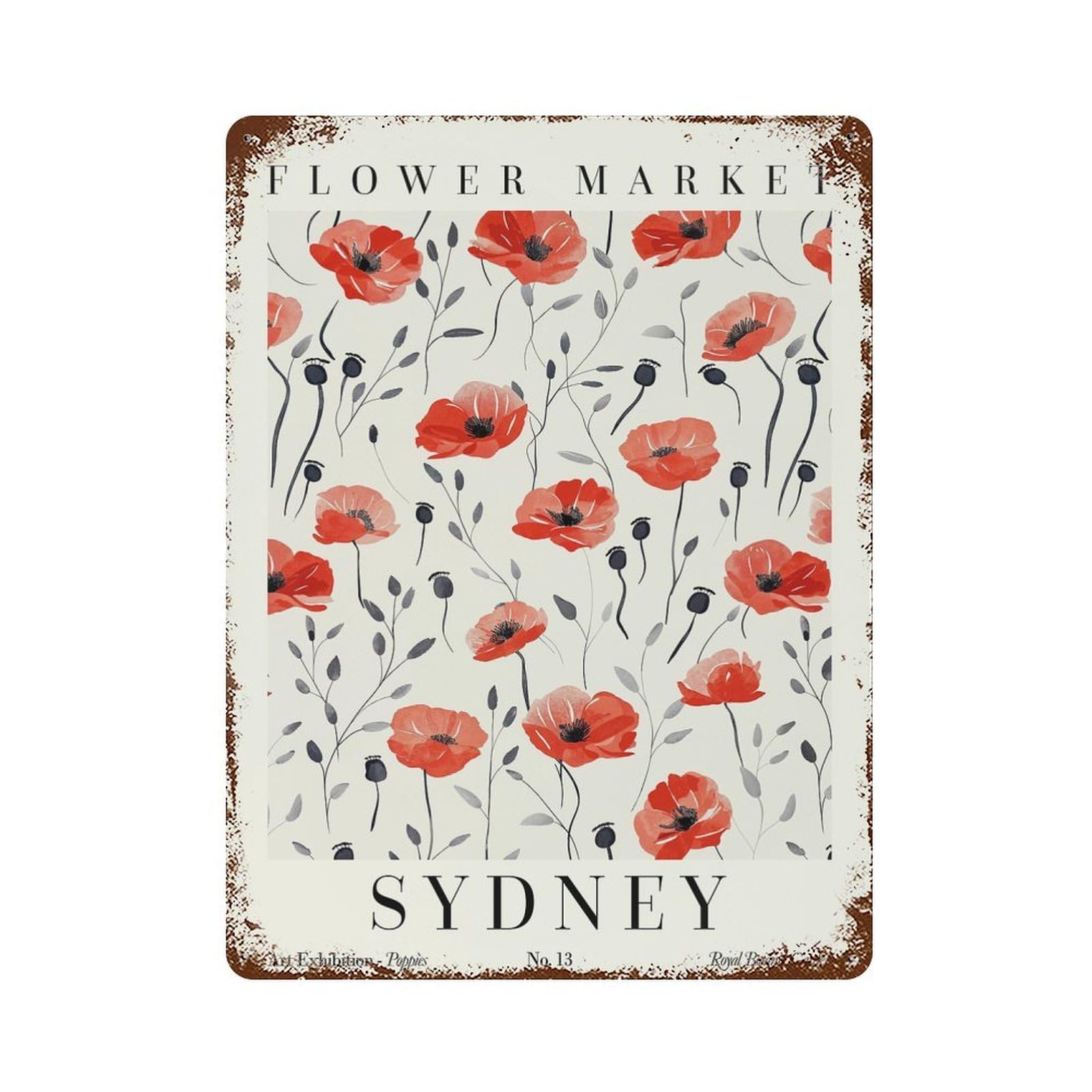 Poppy Sydney Flower Market Aged Metal Wall Plaque 15.7"x11.8", Classic Wall Plaque for Garage, Pub Or Kitchen