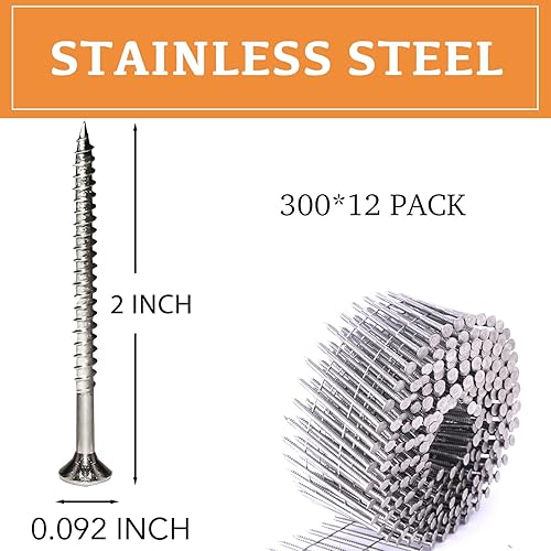 Miniatura 3 de BHTOP Clavos de acero inoxidable de 3600 unidades, 15 grados de 2 pulgadas x 0.092 de alambre recolectado con anillo de bobina, cabeza redonda