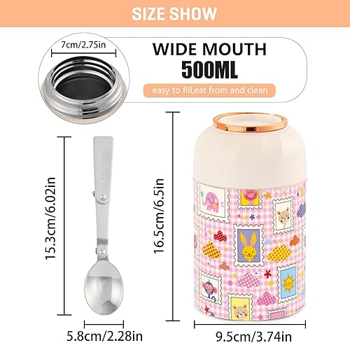 Miniatura 3 de Lindo elefante oso conejo, flores rosadas, para niños y mujeres, tarro de comida aislado con cuchara de 17 oz16.9 fl oz, recipientes térmicos de