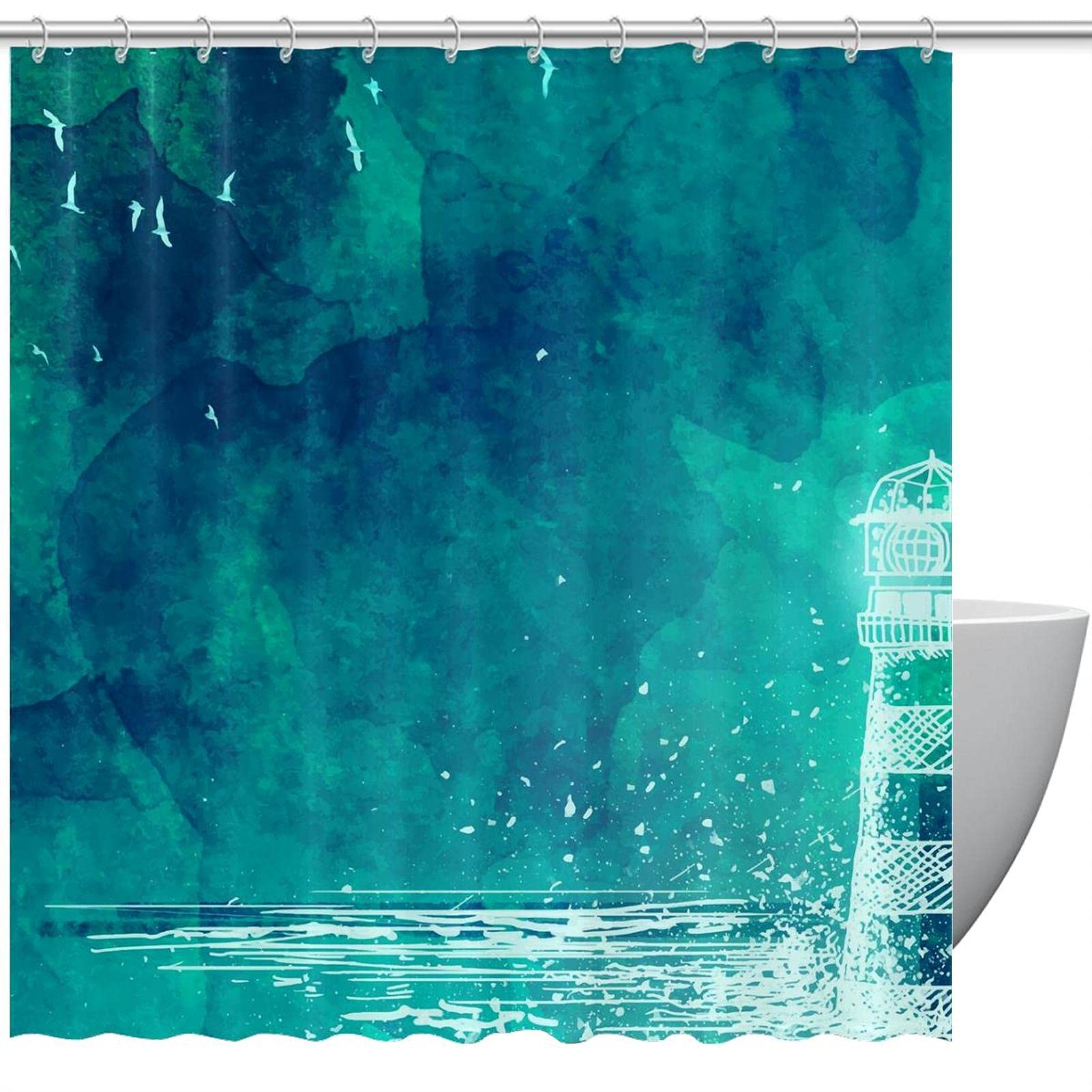 Rideau de douche en tissu étanche vert décoration bord de mer avec anneaux de fixation
