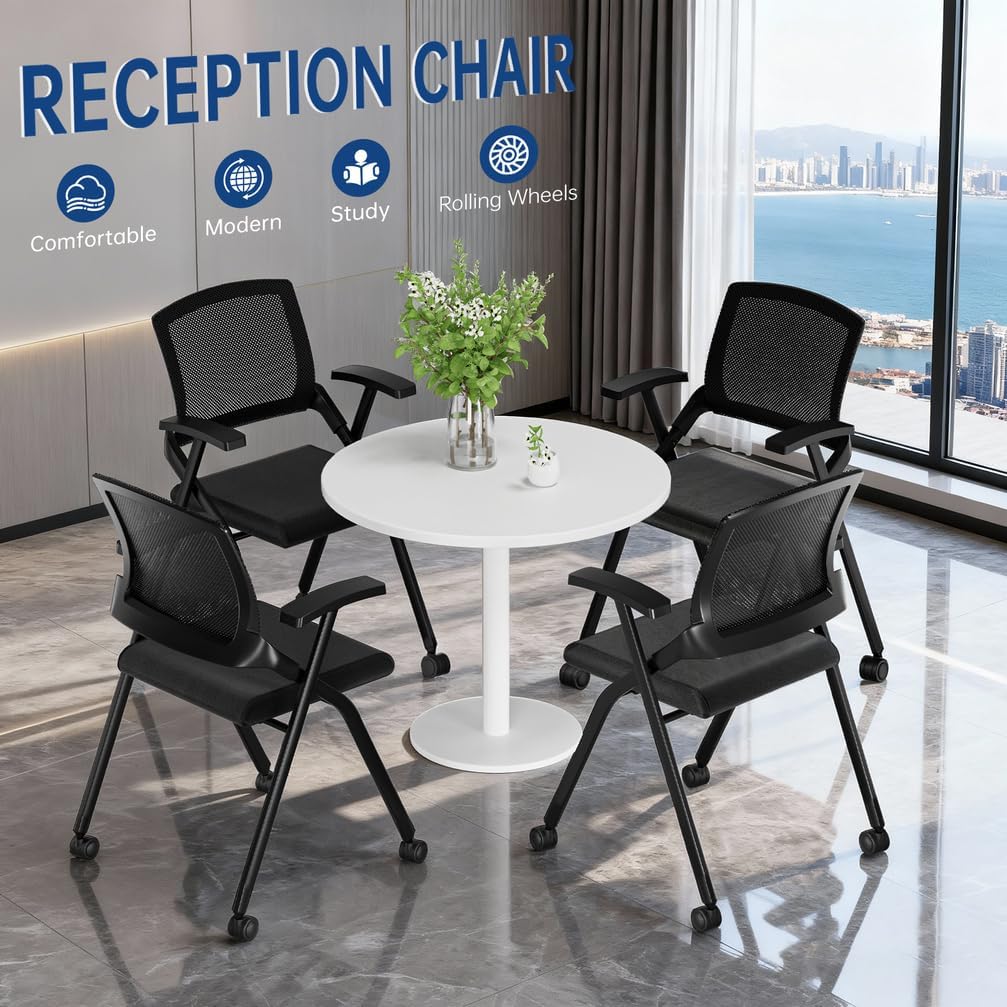 24Pack Foldable Office Chair with Wheel,Stackable Conference Room Chair with Lumbar Support,Foldable Desk Chair with Mesh Back and Arms for Conference Meeting Guest Reception Home Office Training Room