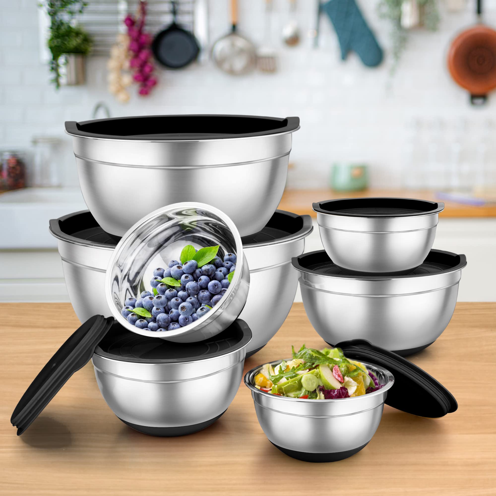 TEAMFAR Rührschüssel 7er Set, Edelstahl Schüssel Salatschüssel Set Schwarz | Stapelbar Schüssel Set, Luftdichten Deckel, Rutschfest Silikonboden, 0,7L/ 1,2L/1,5L/2,5L/2,8L/3,5L/6,5L, Spülmaschinenfest