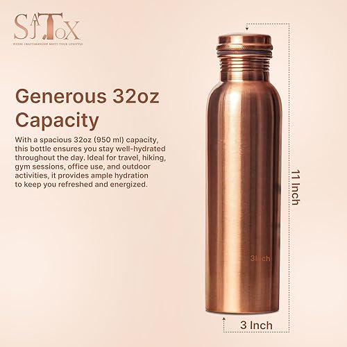 Miniatura 2 de Botella de agua de cobre puro  Botella de cobre hecha a mano india para agua potable en viajes, senderismo, gimnasio, oficina, al aire libre, 32 oz