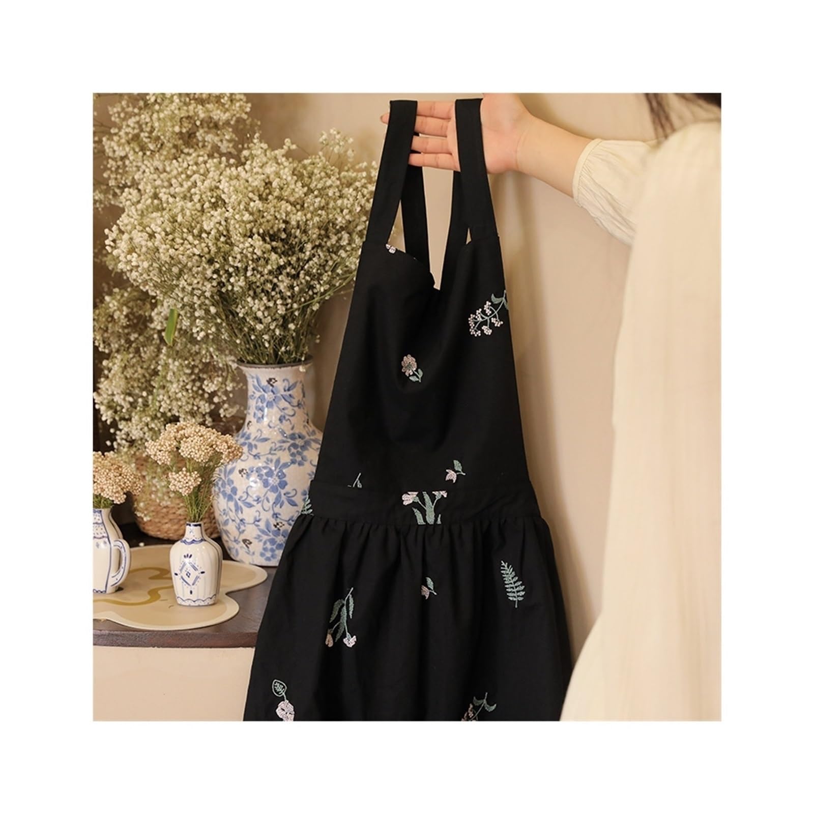 Tela Grembiuli Grembiule da donna in cotone idrorepellente con ricamo for cucina, giardino, incrocio sul retro, scamiciato lungo a pieghe, for cucinare