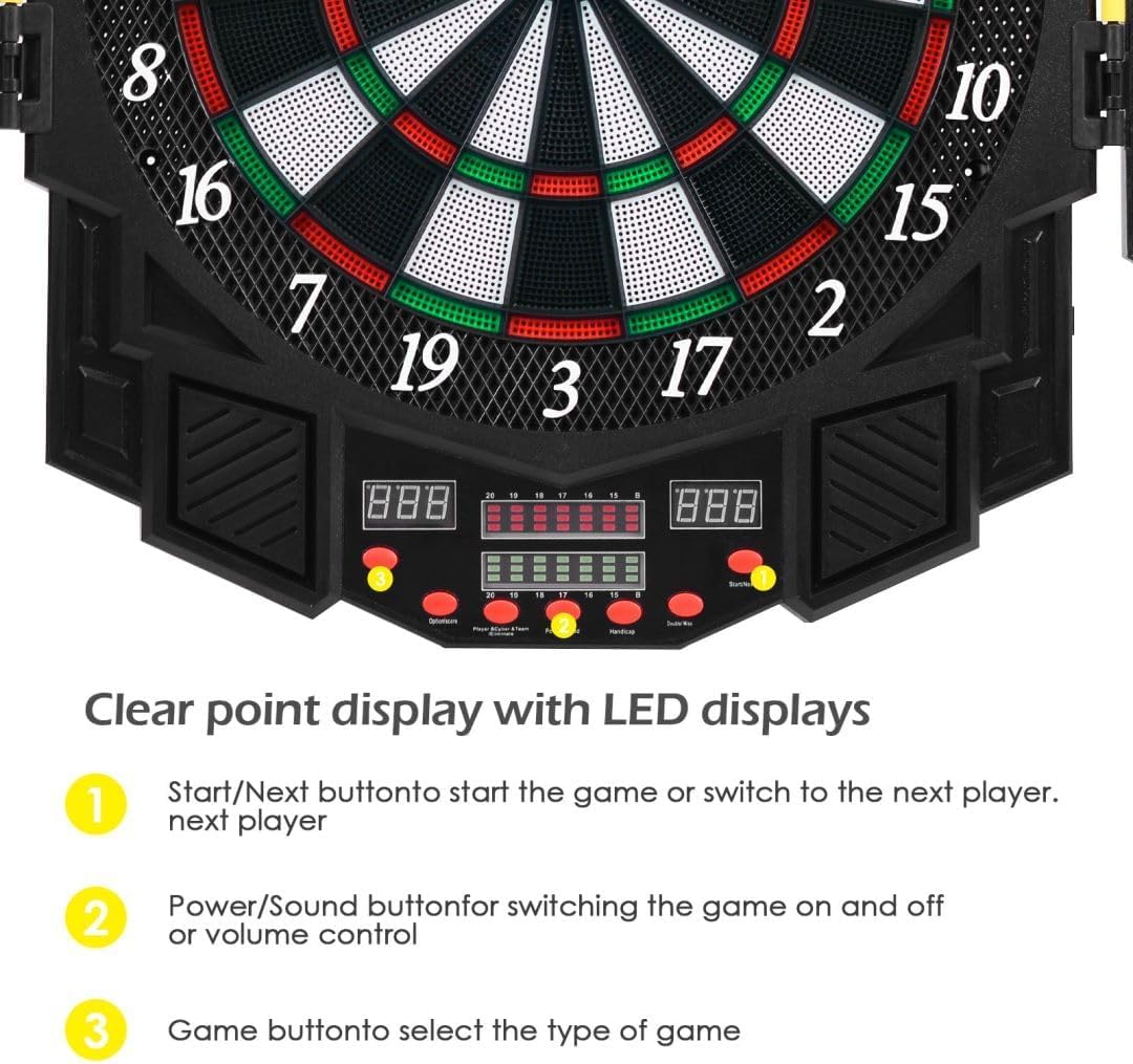 Bersagli Elettronici Per Freccette, Set Professionale Con 216 Modalità Di Gioco, Mobiletto, 4 Display Led Luminosi E 12 Freccette, Punteggio Automatico, Fino A 8 Giocatori.