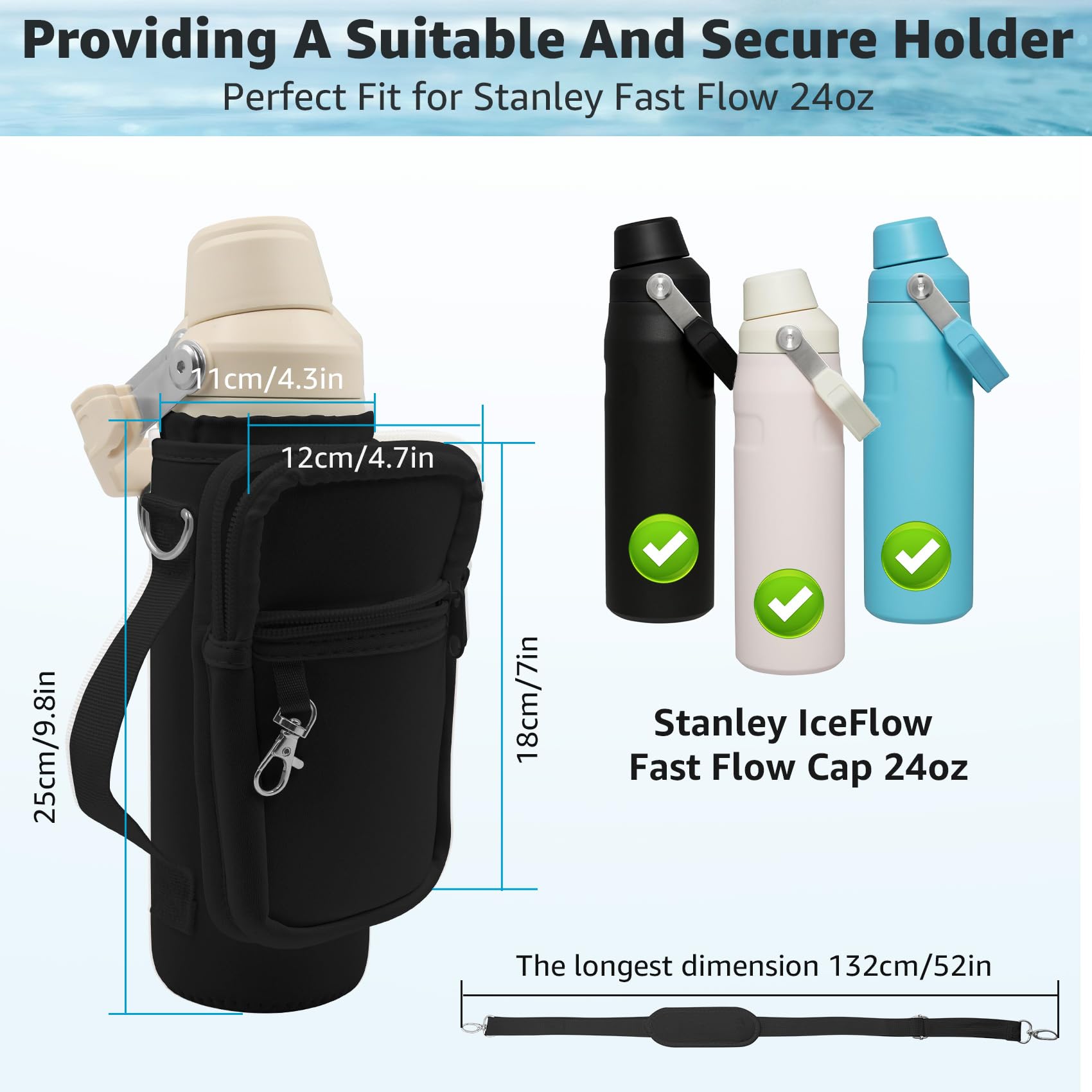Taladad Water Bottle Holder with Phone Pocket for 24oz Stanley IceFlow Fast Flow with Handle Bottle Carrier Bag with Drawstring, Carrying Strap, Non Slip Shoulder strap for Stanley Cup (Black)