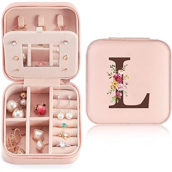 Jewellery Box Small Travel for Women Girls Jewellery Box with Initial L Mini Jewellery Box with Mirror for Rings Earrings Necklace for Women Gift for Birthday Christmas Mothers Day