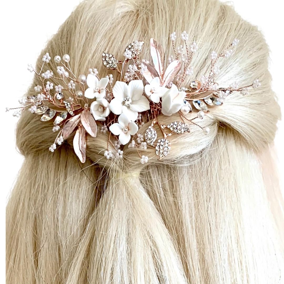 Rosegold Brauthaarschmuck Haarkamm – Handgefertigter 3D Blumen Haarschmuck mit Perlen & Strass – Leichter Haarkamm für Hochzeit Brautfrisur Festliche Anlässe