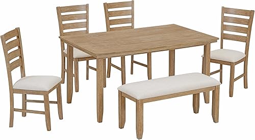 Miniatura 9 de Bellemave Juego de mesa de comedor de 6 piezas con banco para 6 mesas rectangulares de cocina con 4 sillas y banco, mesa de comedor retro y sillas