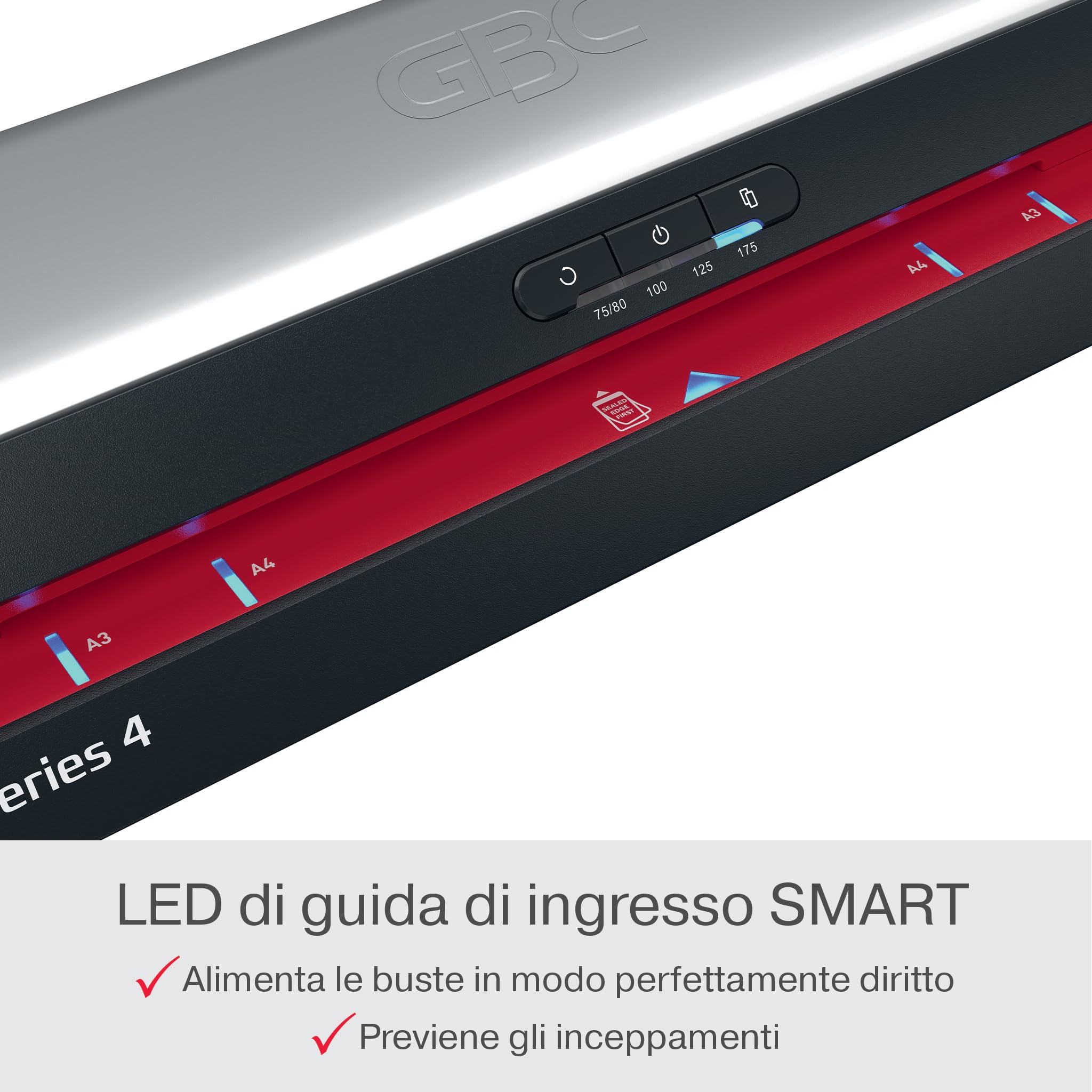 Plastificatrice A3 GBC 480HS piccoli uffici – Alta velocità, riscaldamento rapido in 1 minuto, 75-175 micron, anti-inceppamento, autospegnimento, con 5 buste di laminazione A4, Nero/Rosso, 4410072EU