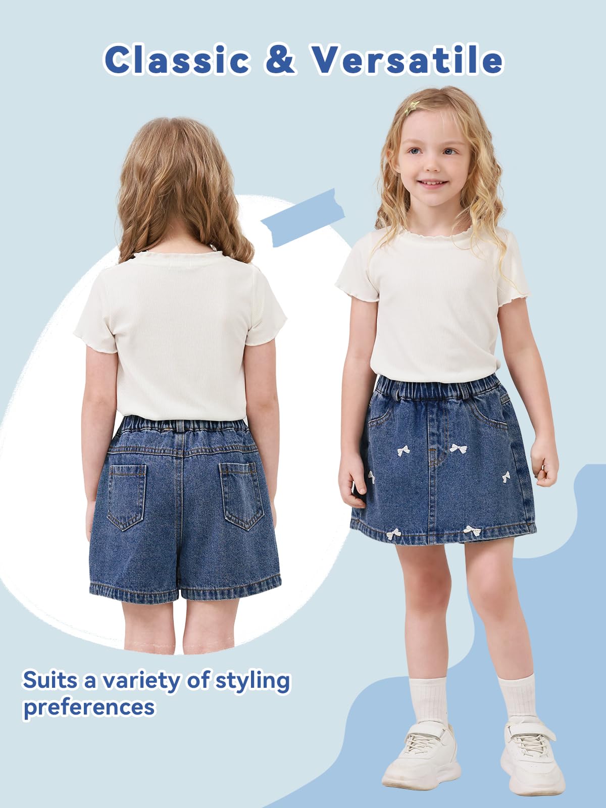 Miipat Gonna in Denim per Bambina, Gonna di Jeans con Pantaloncini a Pieghe a Vita Alta Modello ad A Elastico Casual Mini Gonne con Tasche per Bambine e Ragazze