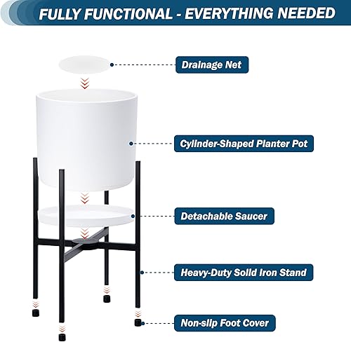 Miniatura 4 de D'vine Dev Maceta blanca de 8 pulgadas con soporte, moderna maceta cilíndrica de plástico con soporte de metal resistente para plantas