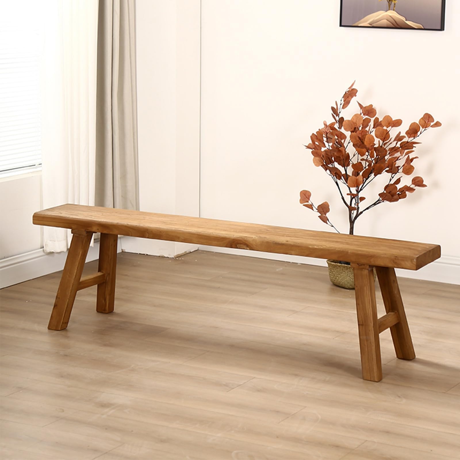 Farmhouse Indoor Wooden Living room Dining Bench, Asian Natural Wood Kitchen Entryway Bench with Armless Design and Short Height, Solid Wood Shoe Bench Entryway Benches，Brown(200*26*45cm/78.7*10.2*17.