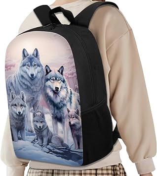 Showudesigns Cool Wolf School Bag Rucksack Kids Backpacks Boys Girls School Backpack for Secondary School Small Bookbag Strap Black Daypack Wolves Family