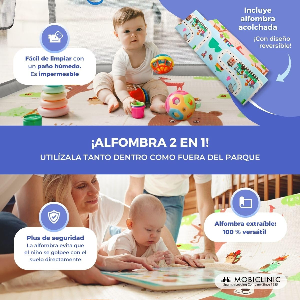 Mobiclinic®kids, Parque infantil bebe + alfombra de juegos reversible, Plegable, 125x125cm, Bolsa transporte, Transpirable, Happyland, Tejido lavable, Agarraderas, Corralito bebé (gris)