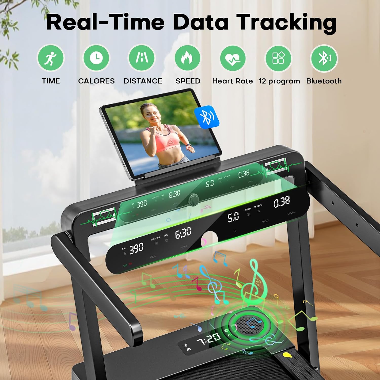 Treadmill console with real-time data tracking and Bluetooth music
