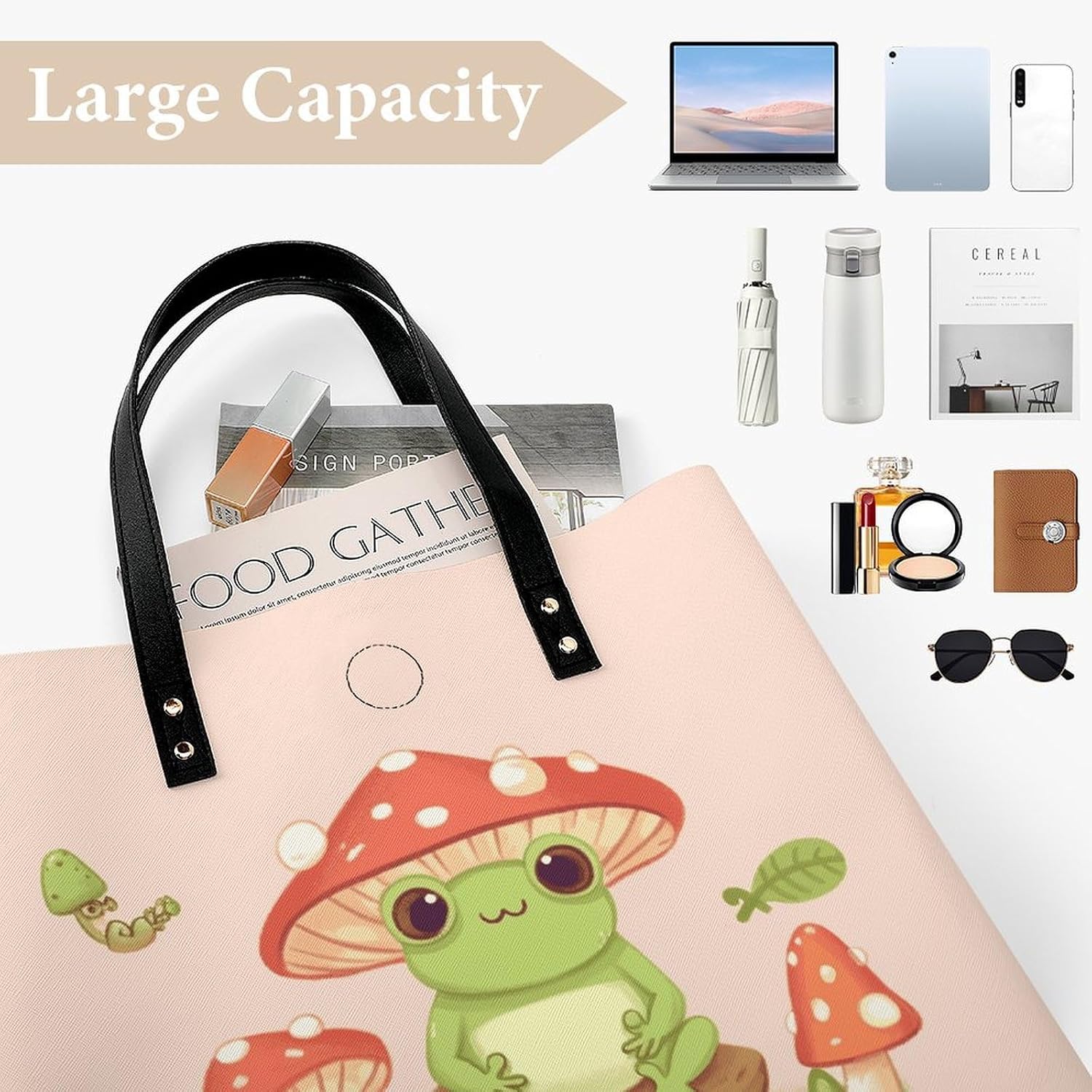 Cute Frogs And Mushrooms Handbags Large Capacity, Tote Bag Stylish Slouchy, Shoulder Bags for Work Beach Travel And Shopping Grocery.